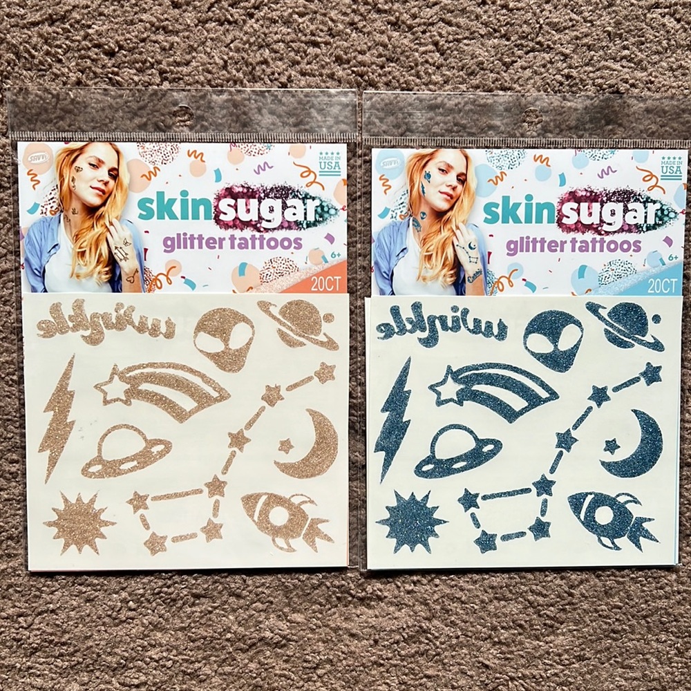 LOT 40 Savvi Skin Sugar Glitter Tattoos Gold Blue Cosmic Sun Stars Alien Planets